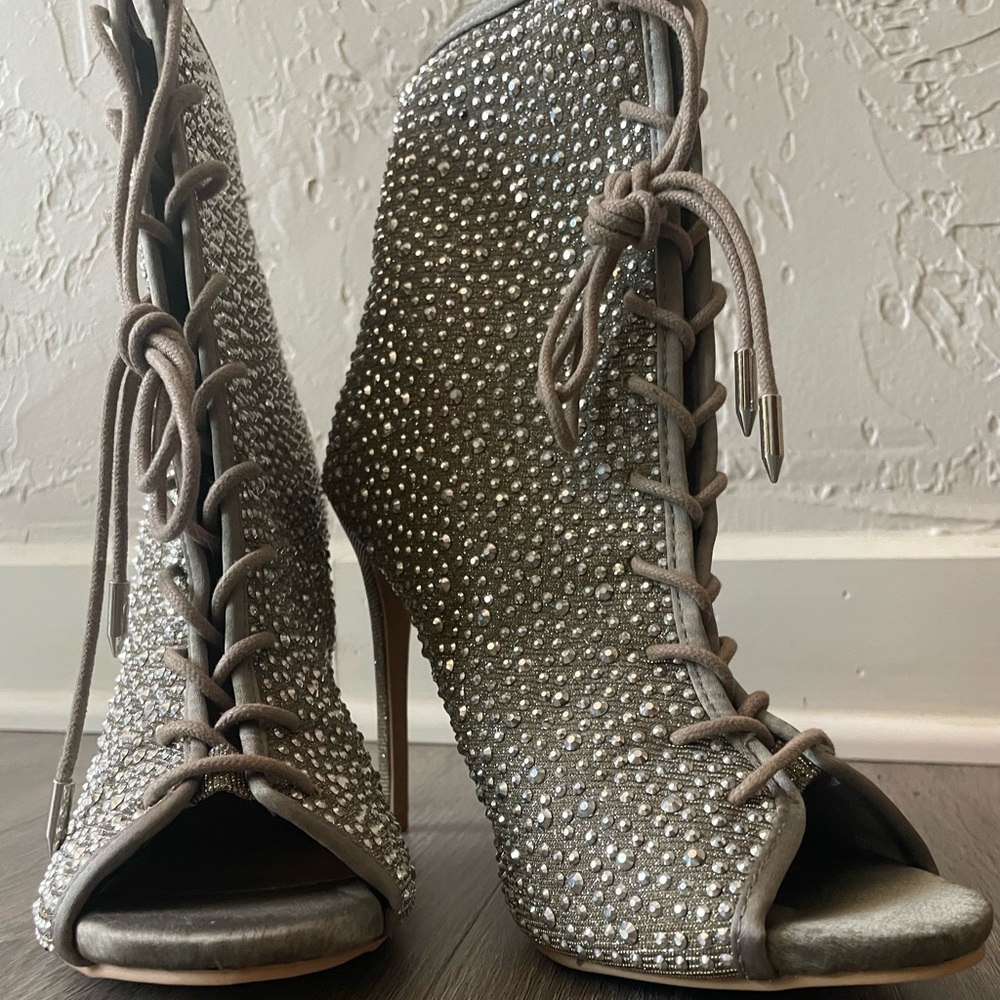 Shoe Dazzle Silver Rhinestone Lace-Up Heels